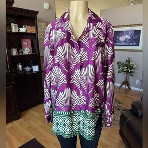 Divamos purple & green long sleeves silky button up blouse-size M